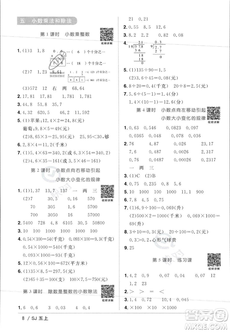 江西教育出版社2023年秋陽光同學(xué)課時優(yōu)化作業(yè)五年級數(shù)學(xué)上冊蘇教版答案