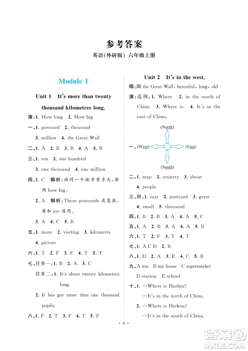 海南出版社2023年秋新課程學(xué)習(xí)指導(dǎo)六年級英語上冊外研版參考答案