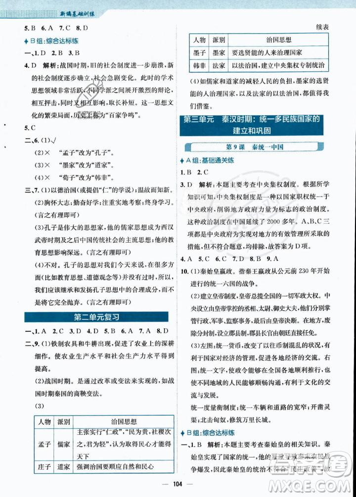 安徽教育出版社2023年秋新編基礎訓練七年級歷史上冊人教版答案