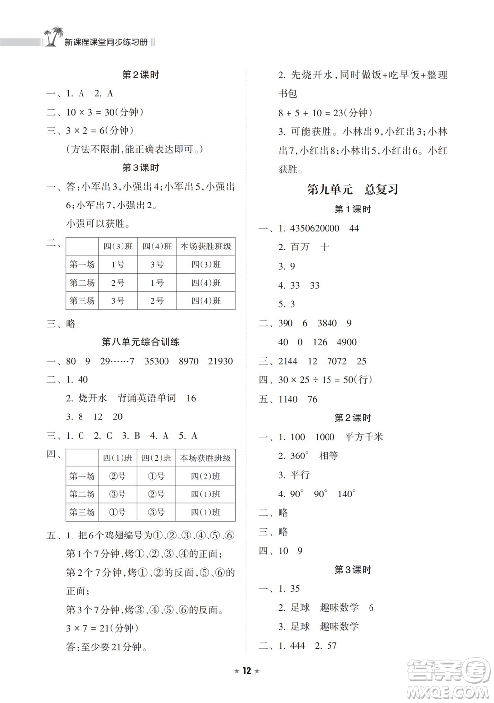 海南出版社2023年秋新課程課堂同步練習(xí)冊(cè)四年級(jí)數(shù)學(xué)上冊(cè)人教版參考答案