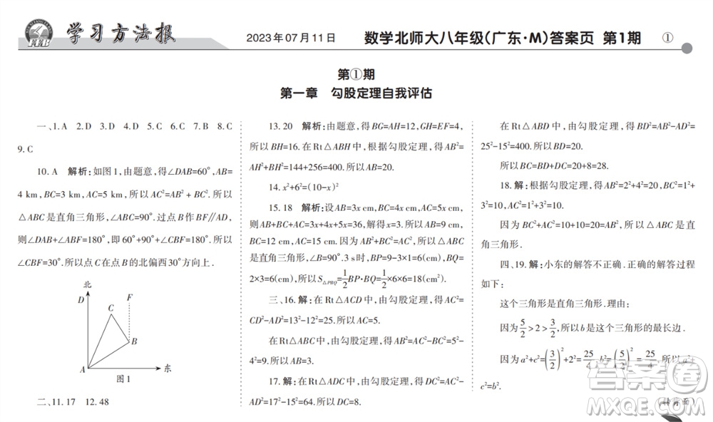 學(xué)習(xí)方法報(bào)2023-2024學(xué)年八年級數(shù)學(xué)上冊北師大廣東版①-③期小報(bào)參考答案