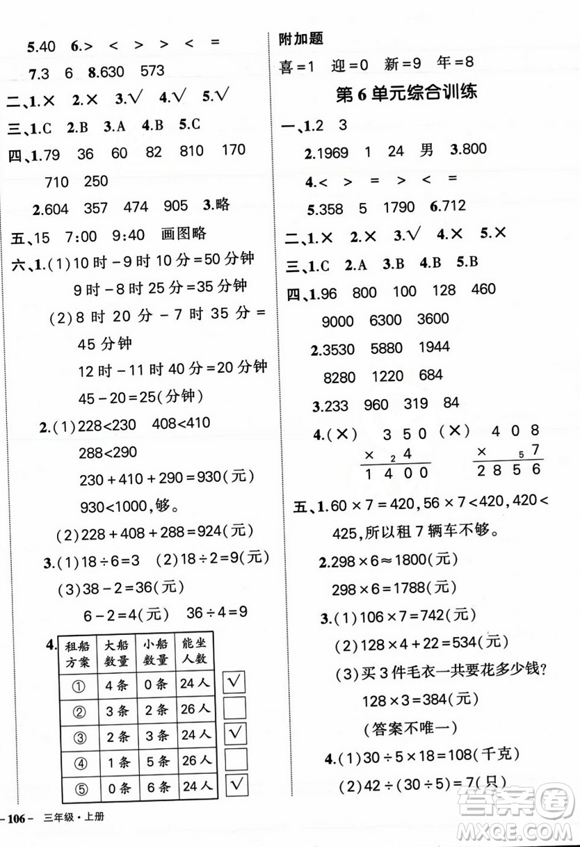 武漢出版社2023年秋狀元成才路創(chuàng)優(yōu)作業(yè)100分三年級數(shù)學(xué)上冊人教版浙江專版答案