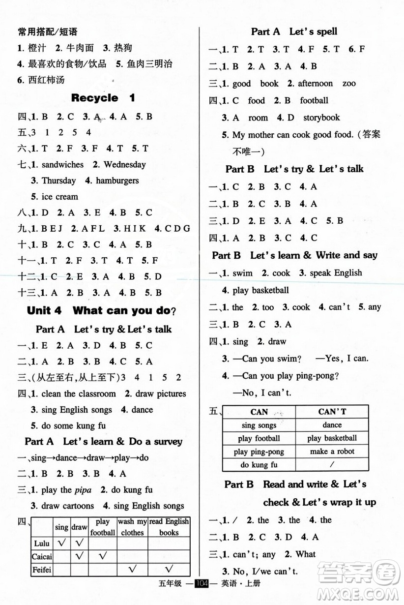 長(zhǎng)江出版社2023年秋狀元成才路創(chuàng)優(yōu)作業(yè)100分五年級(jí)英語上冊(cè)人教PEP版答案