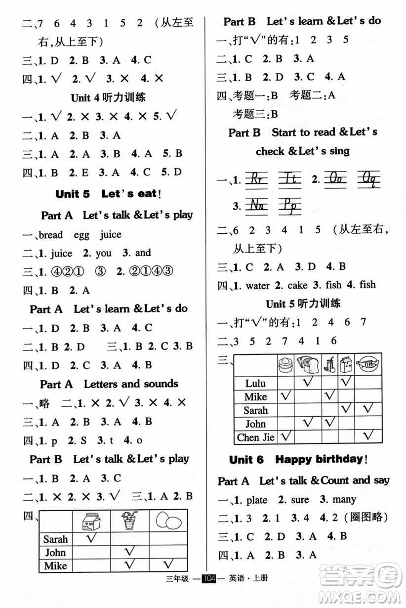 長江出版社2023年秋狀元成才路創(chuàng)優(yōu)作業(yè)100分三年級(jí)英語上冊(cè)人教PEP版答案