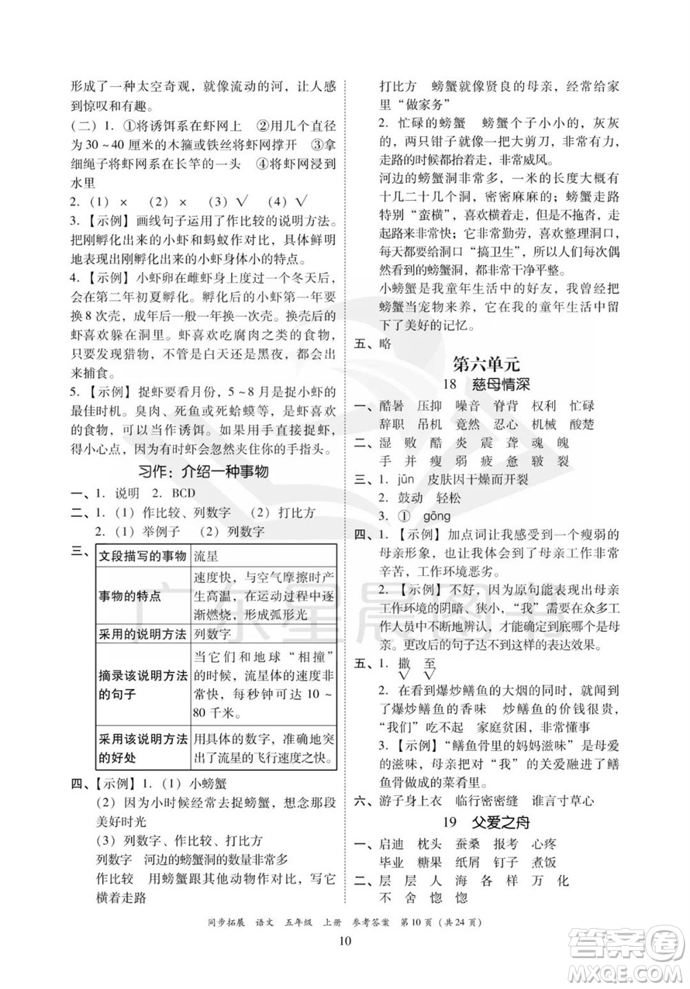 廣東人民出版社2023年秋同步拓展五年級(jí)語文上冊人教版參考答案