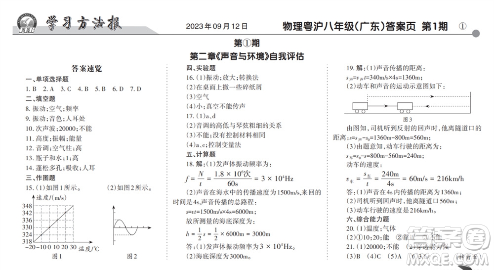 學(xué)習(xí)方法報(bào)2023-2024學(xué)年八年級(jí)物理上冊(cè)粵滬廣東版①-③期小報(bào)參考答案