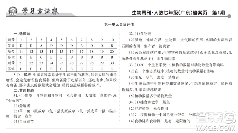 學習方法報2023-2024學年七年級生物上冊人教廣東版①-③期小報參考答案