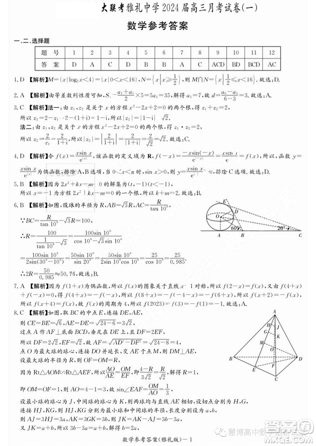 湖南長沙雅禮中學(xué)2024屆高三上學(xué)期月考試卷一數(shù)學(xué)試題答案