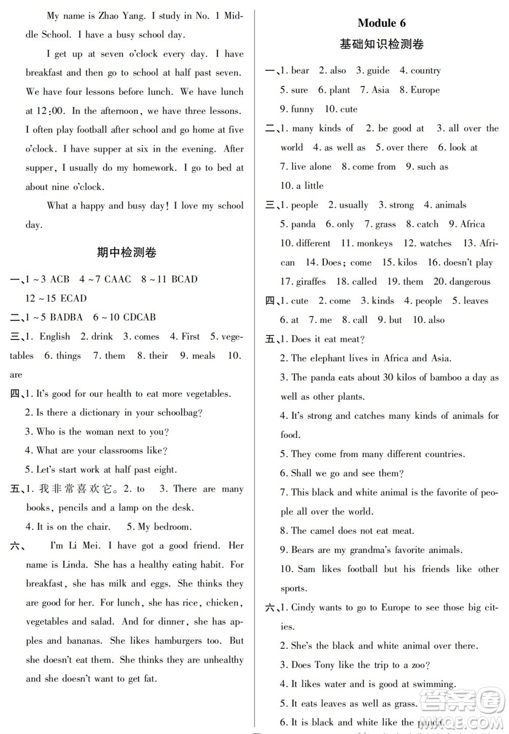 山東人民出版社2023年秋同步練習冊分層檢測卷七年級英語上冊人教版參考答案