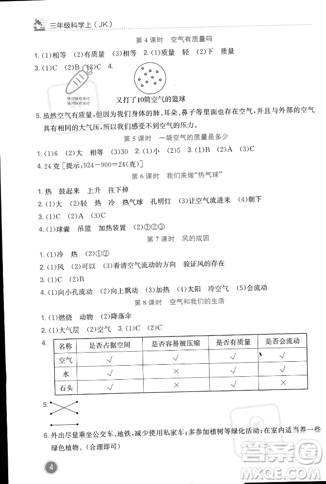 龍門書局2023年秋黃岡小狀元作業(yè)本三年級科學上冊教科版答案