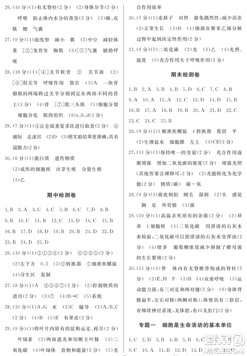 山東人民出版社2023年秋同步練習(xí)冊分層檢測卷七年級生物上冊人教版參考答案