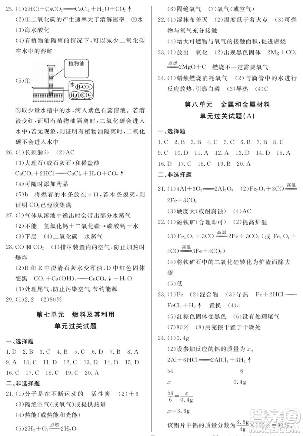 山東人民出版社2023年秋同步練習(xí)冊(cè)分層檢測(cè)卷九年級(jí)化學(xué)全冊(cè)人教版參考答案