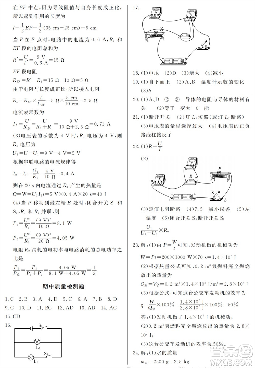 山東人民出版社2023年秋同步練習(xí)冊(cè)分層檢測(cè)卷九年級(jí)物理全冊(cè)人教版參考答案