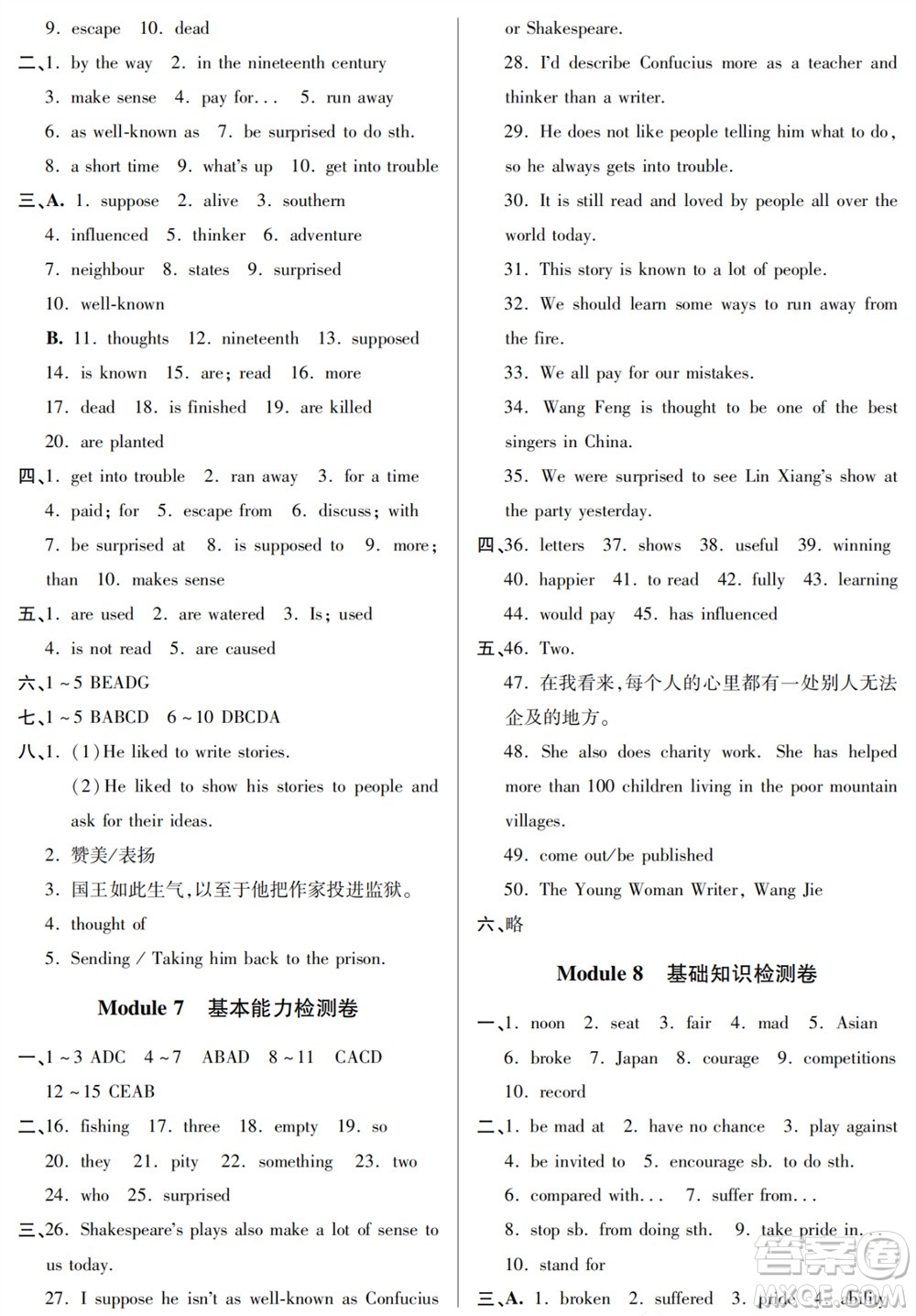 山東人民出版社2023年秋同步練習冊分層檢測卷九年級英語上冊人教版參考答案