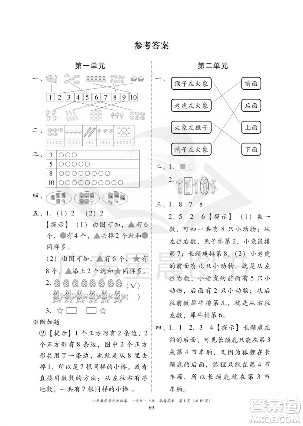 華南理工大學(xué)出版社2023年秋小學(xué)數(shù)學(xué)單元測(cè)試卷一年級(jí)上冊(cè)人教版參考答案