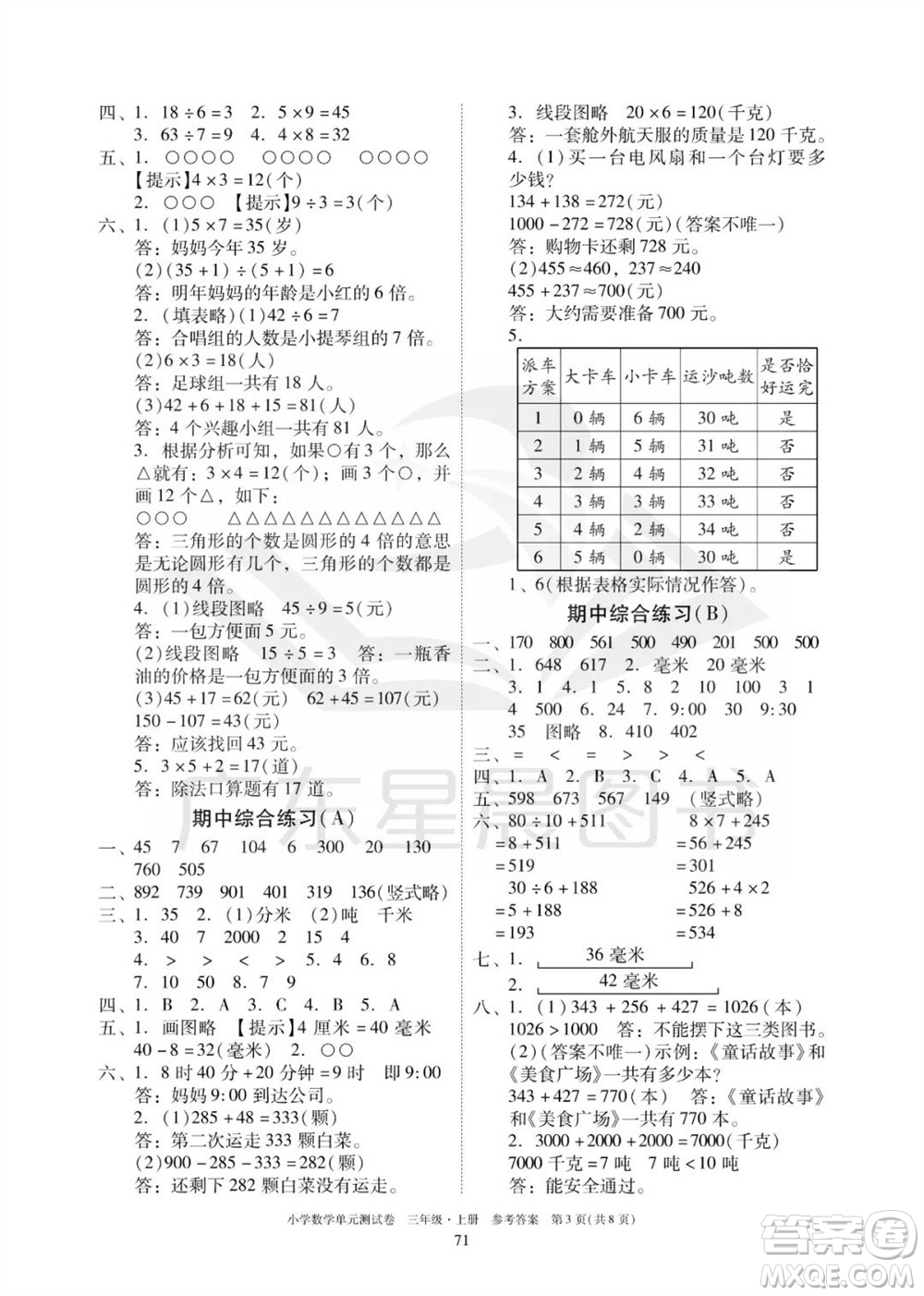 華南理工大學(xué)出版社2023年秋小學(xué)數(shù)學(xué)單元測試卷三年級上冊人教版參考答案