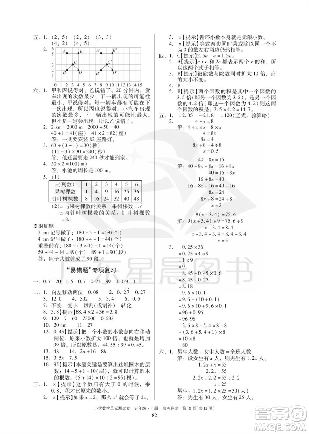 華南理工大學(xué)出版社2023年秋小學(xué)數(shù)學(xué)單元測試卷五年級上冊人教版參考答案