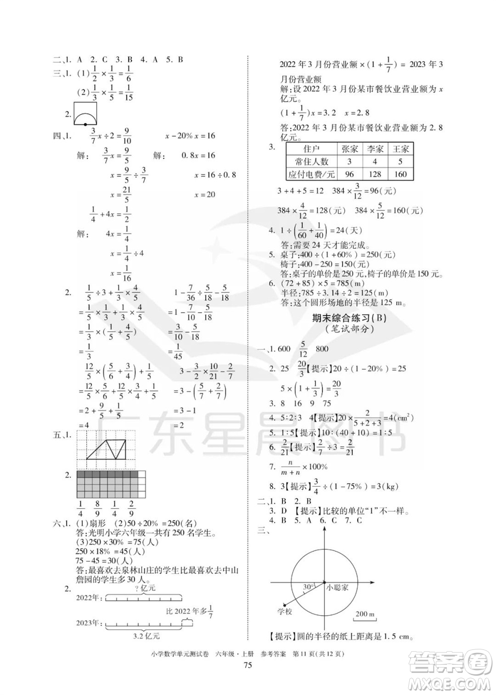 華南理工大學(xué)出版社2023年秋小學(xué)數(shù)學(xué)單元測(cè)試卷六年級(jí)上冊(cè)人教版參考答案