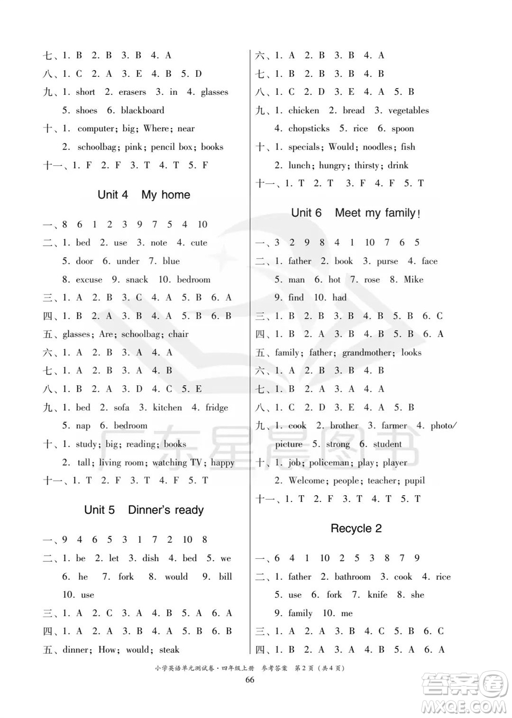 華南理工大學(xué)出版社2023年秋小學(xué)英語單元測(cè)試卷四年級(jí)上冊(cè)人教版中山專版參考答案