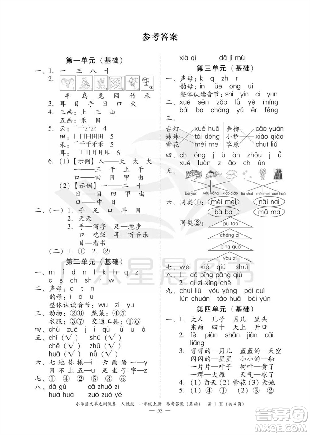 廣東人民出版社2023年秋小學(xué)語文單元測試卷一年級上冊人教版佛山專版參考答案