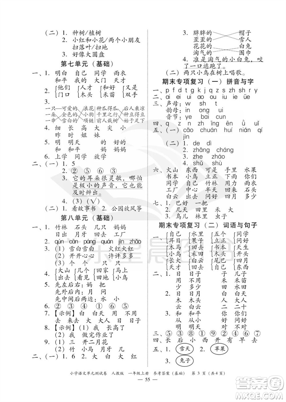 廣東人民出版社2023年秋小學(xué)語文單元測試卷一年級上冊人教版佛山專版參考答案