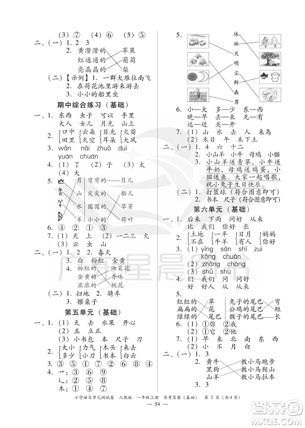 廣東人民出版社2023年秋小學(xué)語文單元測試卷一年級上冊人教版佛山專版參考答案