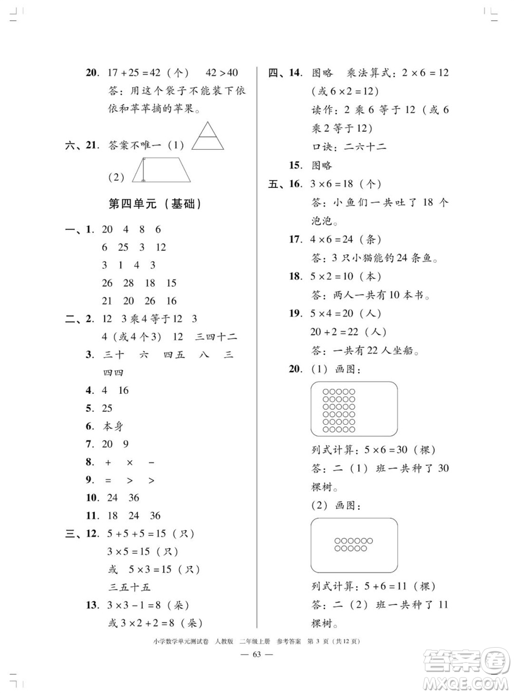 廣東人民出版社2023年秋小學(xué)數(shù)學(xué)單元測(cè)試卷二年級(jí)上冊(cè)人教版佛山專版參考答案