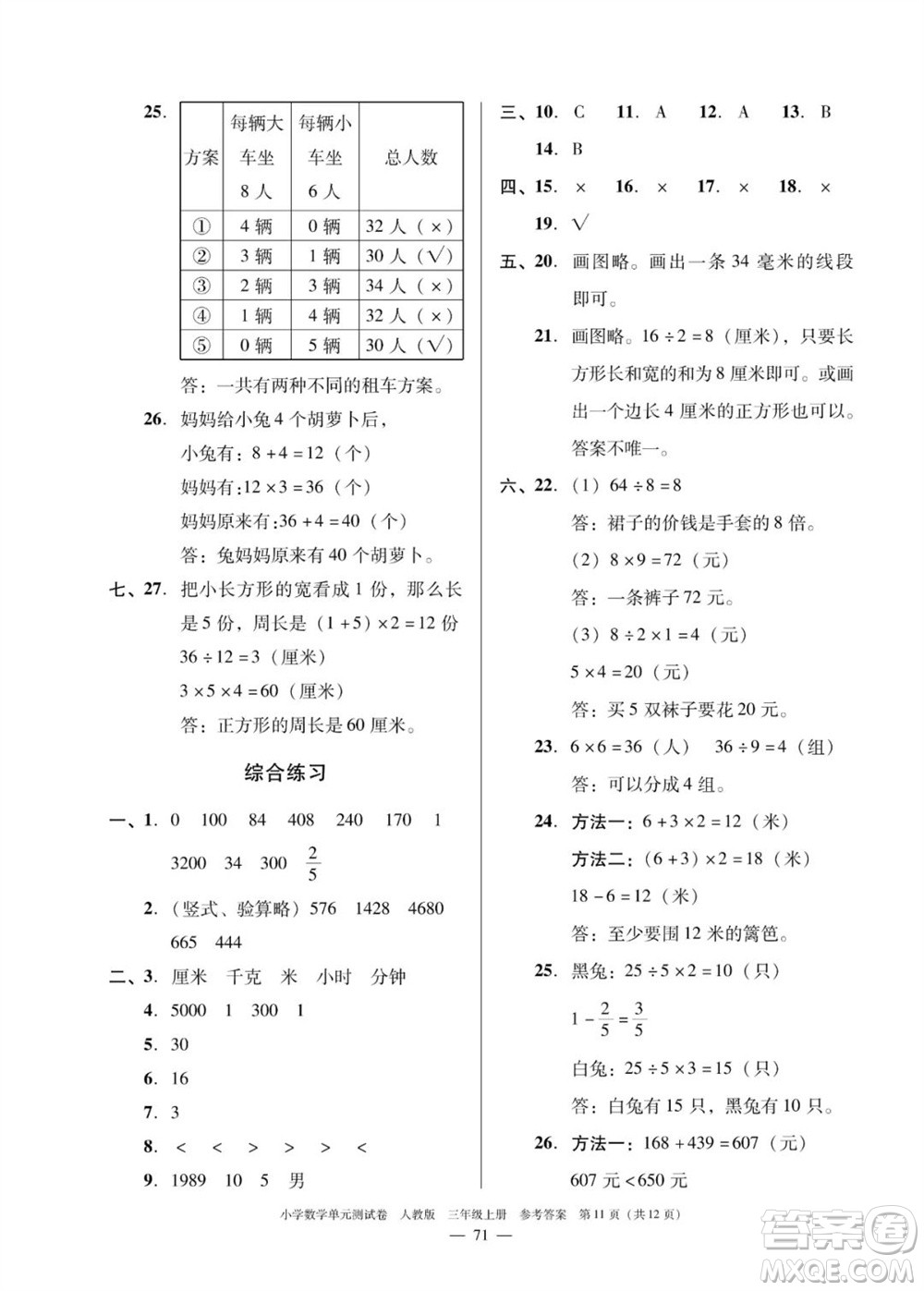 廣東人民出版社2023年秋小學(xué)數(shù)學(xué)單元測(cè)試卷三年級(jí)上冊(cè)人教版佛山專版參考答案