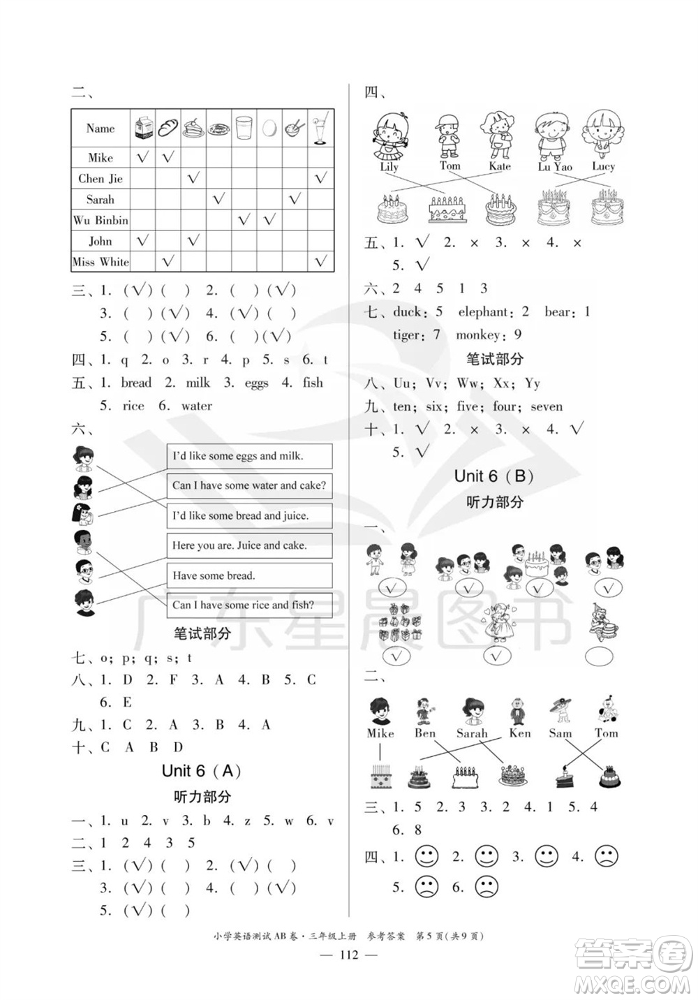 華南理工大學(xué)出版社2023年秋小學(xué)英語測試AB卷三年級(jí)上冊(cè)人教版佛山專版參考答案