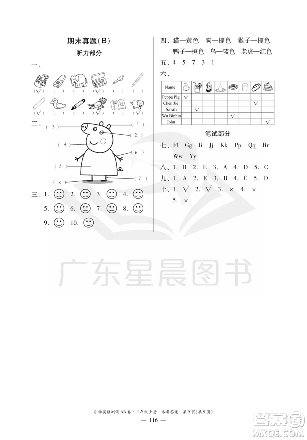 華南理工大學(xué)出版社2023年秋小學(xué)英語測試AB卷三年級(jí)上冊(cè)人教版佛山專版參考答案