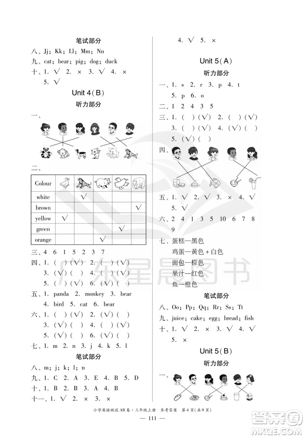 華南理工大學(xué)出版社2023年秋小學(xué)英語測試AB卷三年級(jí)上冊(cè)人教版佛山專版參考答案