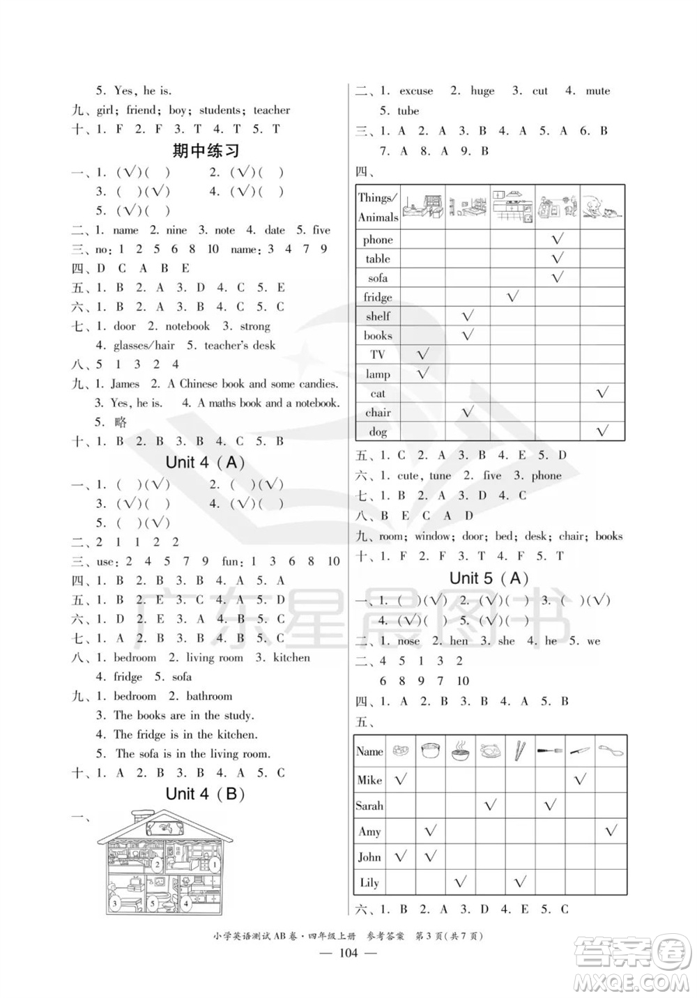 華南理工大學(xué)出版社2023年秋小學(xué)英語測試AB卷四年級上冊人教版佛山專版參考答案