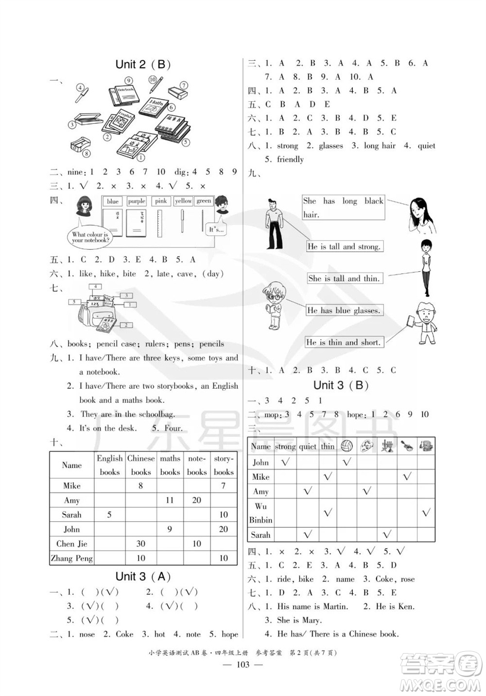 華南理工大學(xué)出版社2023年秋小學(xué)英語測試AB卷四年級上冊人教版佛山專版參考答案