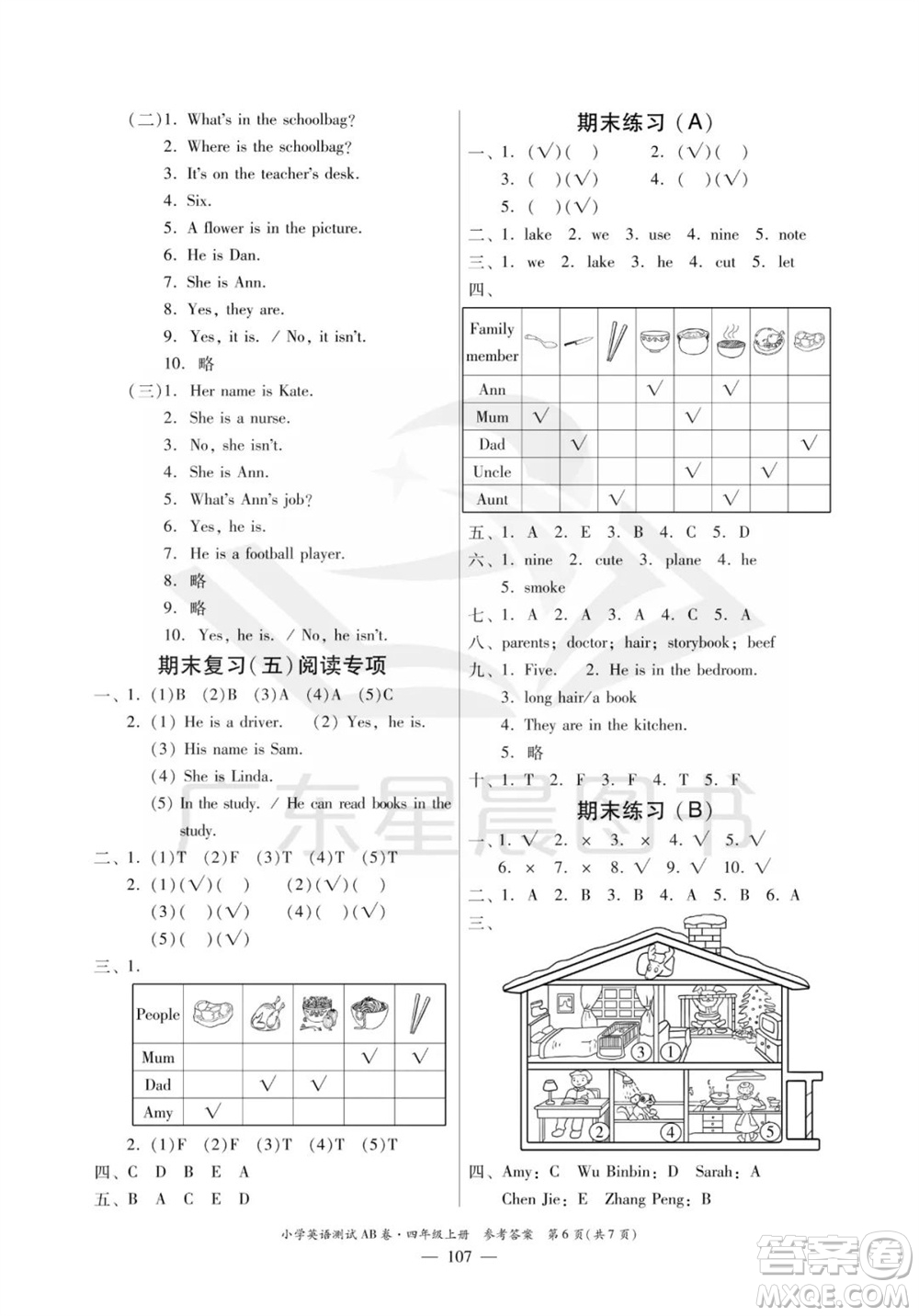 華南理工大學(xué)出版社2023年秋小學(xué)英語測試AB卷四年級上冊人教版佛山專版參考答案