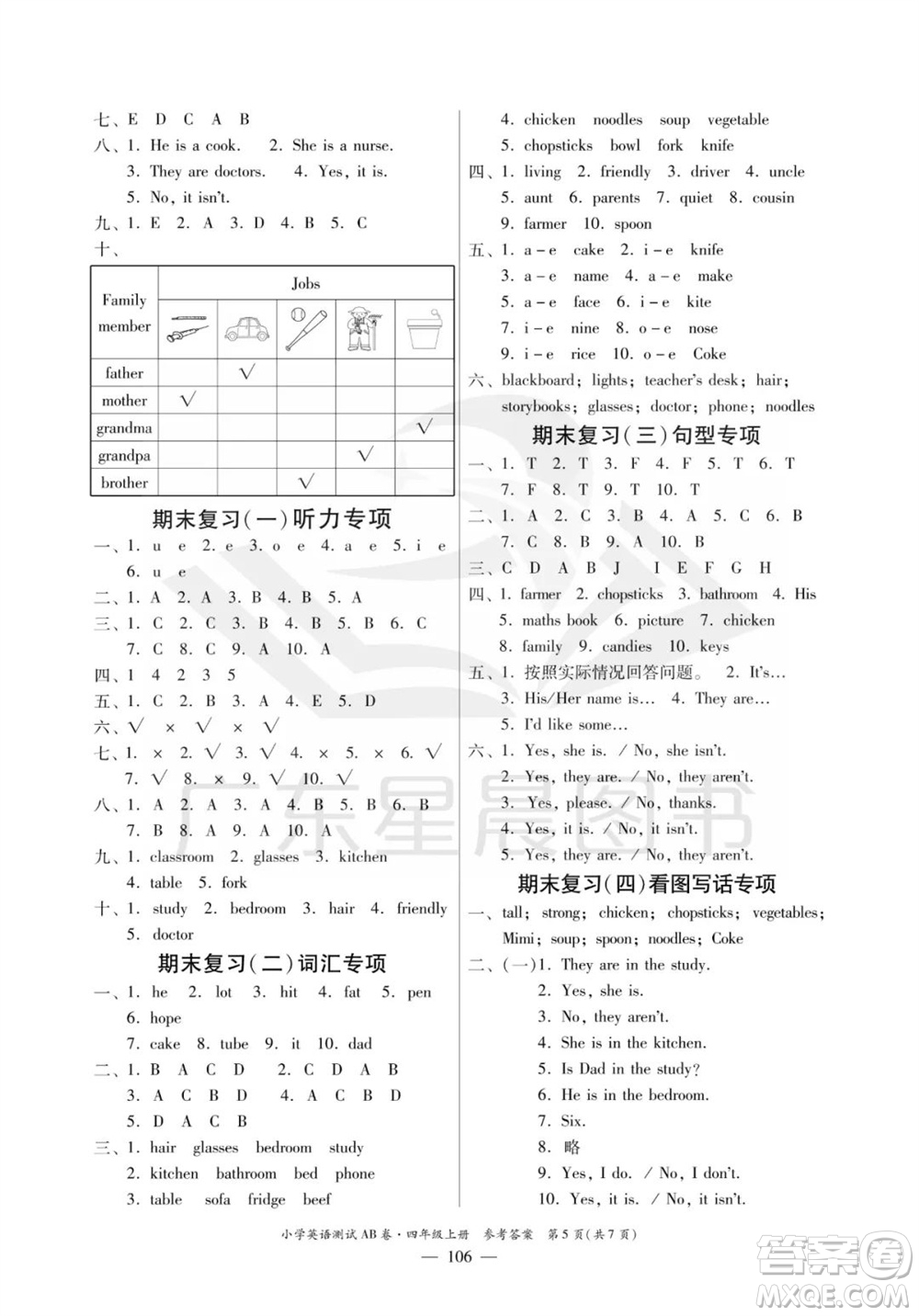 華南理工大學(xué)出版社2023年秋小學(xué)英語測試AB卷四年級上冊人教版佛山專版參考答案