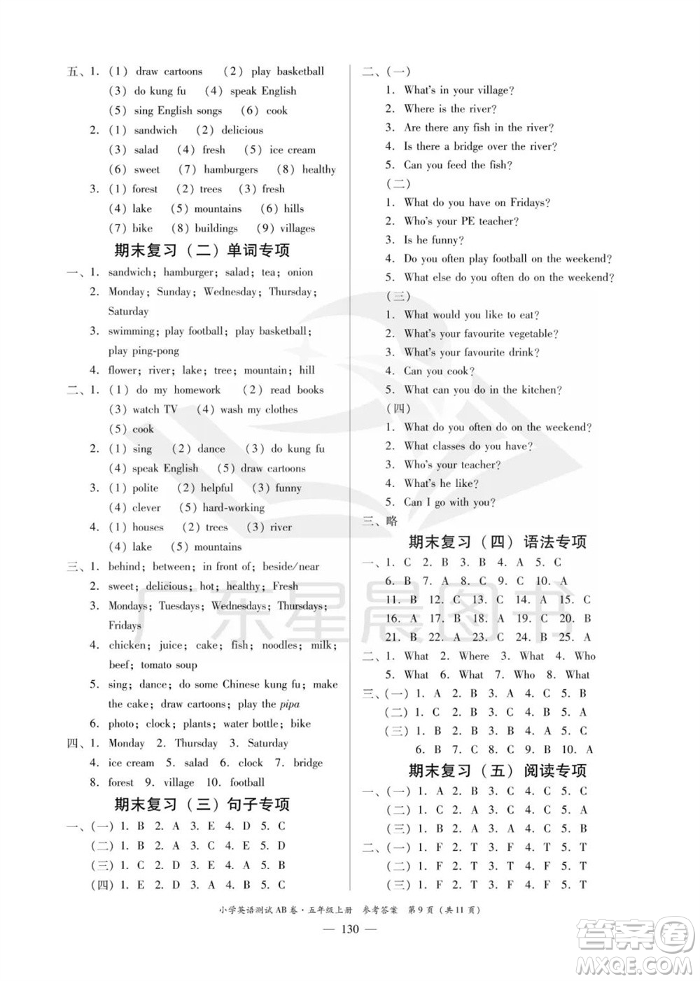 華南理工大學(xué)出版社2023年秋小學(xué)英語(yǔ)測(cè)試AB卷五年級(jí)上冊(cè)人教版佛山專(zhuān)版參考答案