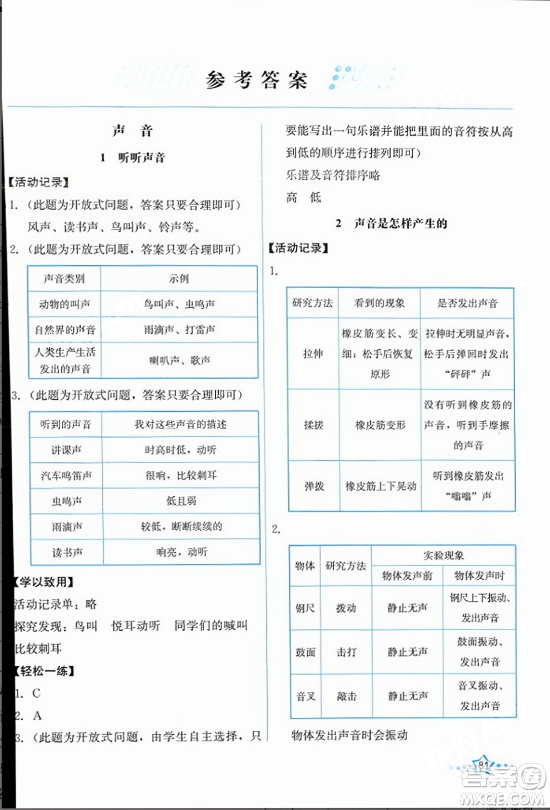 教育科學出版社2023年秋能力培養(yǎng)與測試四年級科學上冊教科版答案