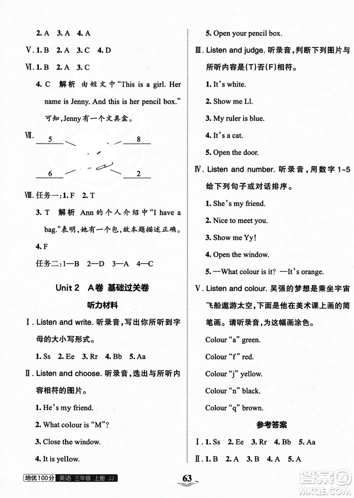 江西人民出版社2023年秋王朝霞培優(yōu)100分三年級(jí)英語上冊(cè)冀教版答案