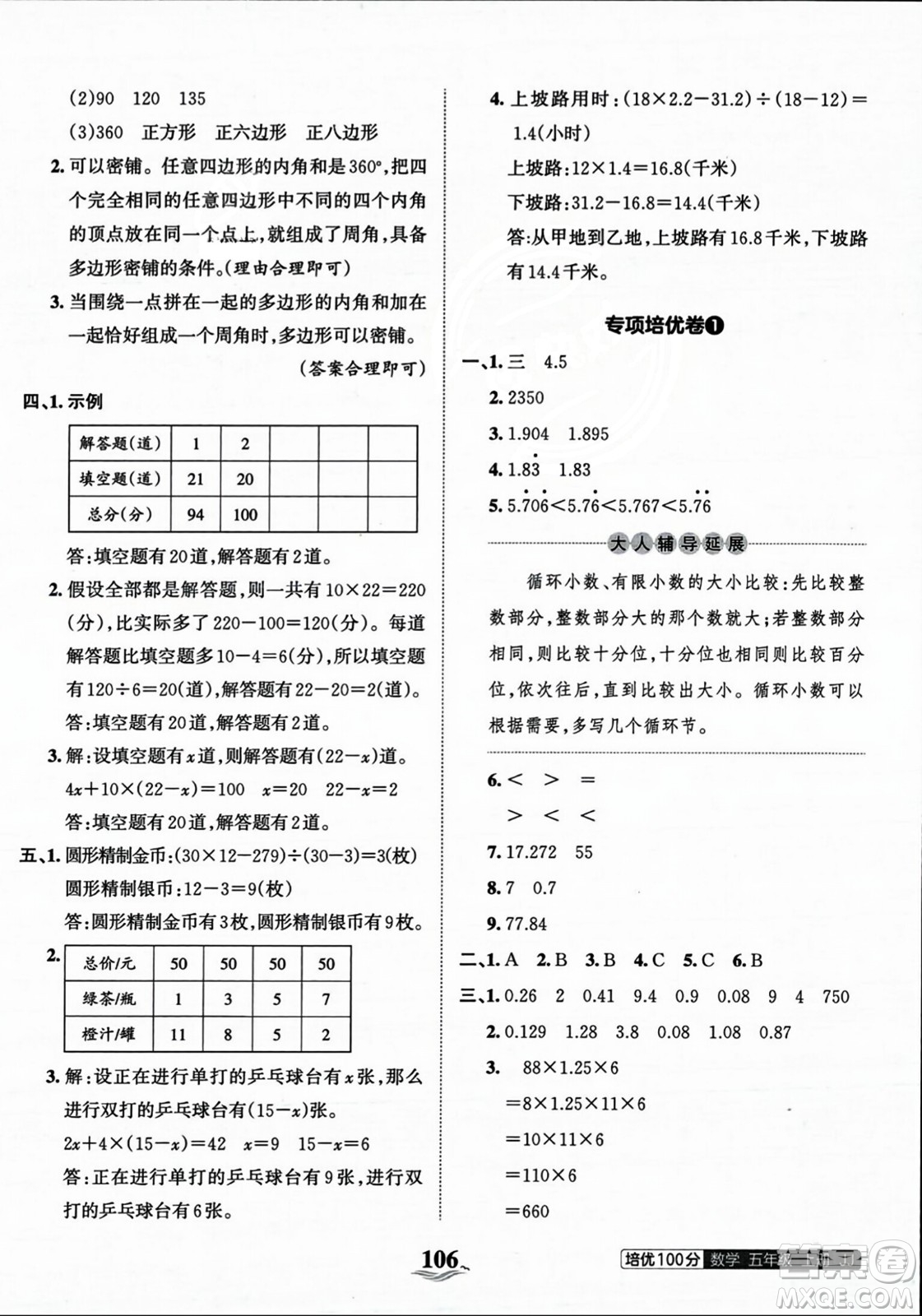 江西人民出版社2023年秋王朝霞培優(yōu)100分五年級(jí)數(shù)學(xué)上冊(cè)冀教版答案