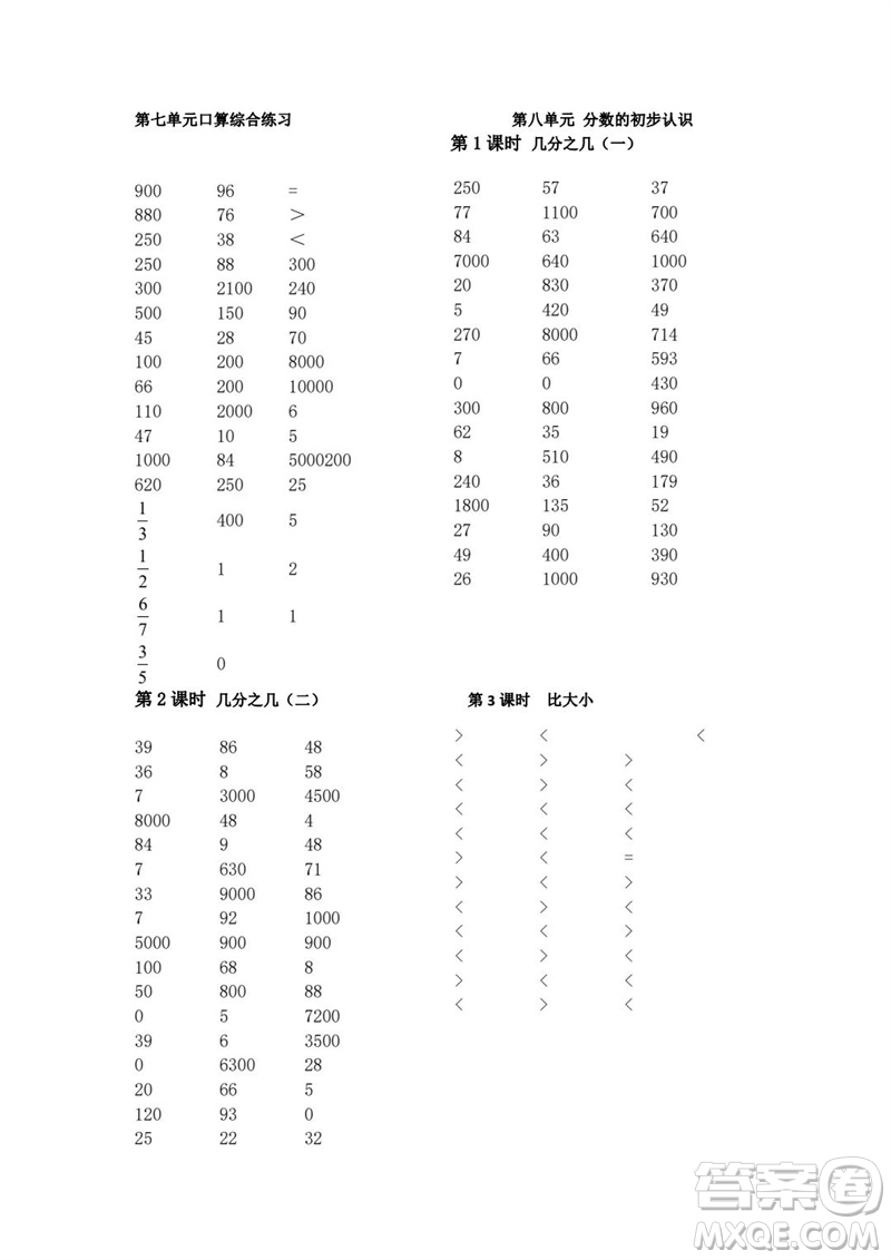 吉林出版集團(tuán)股份有限公司2023年秋小學(xué)數(shù)學(xué)口算速算心算三年級(jí)上冊(cè)人教版參考答案