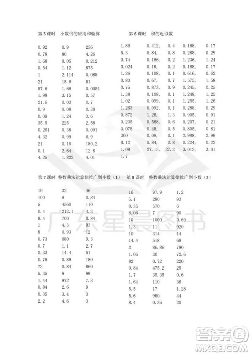 吉林出版集團股份有限公司2023年秋小學數(shù)學口算速算心算五年級上冊人教版參考答案