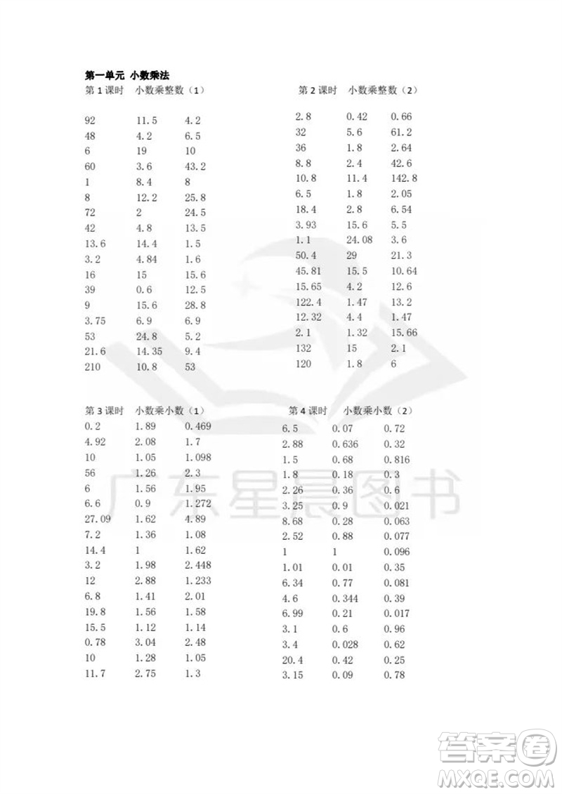 吉林出版集團股份有限公司2023年秋小學數(shù)學口算速算心算五年級上冊人教版參考答案