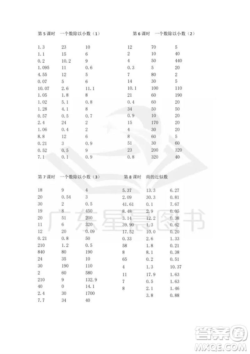 吉林出版集團股份有限公司2023年秋小學數(shù)學口算速算心算五年級上冊人教版參考答案