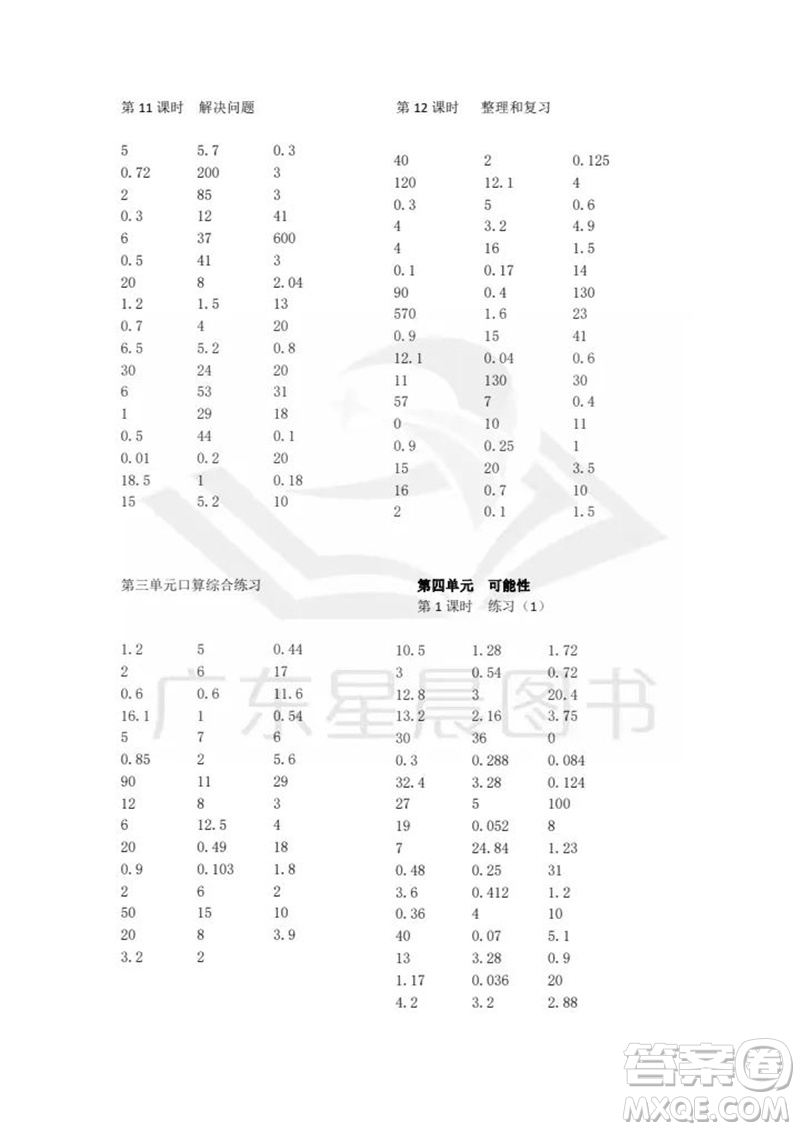 吉林出版集團股份有限公司2023年秋小學數(shù)學口算速算心算五年級上冊人教版參考答案