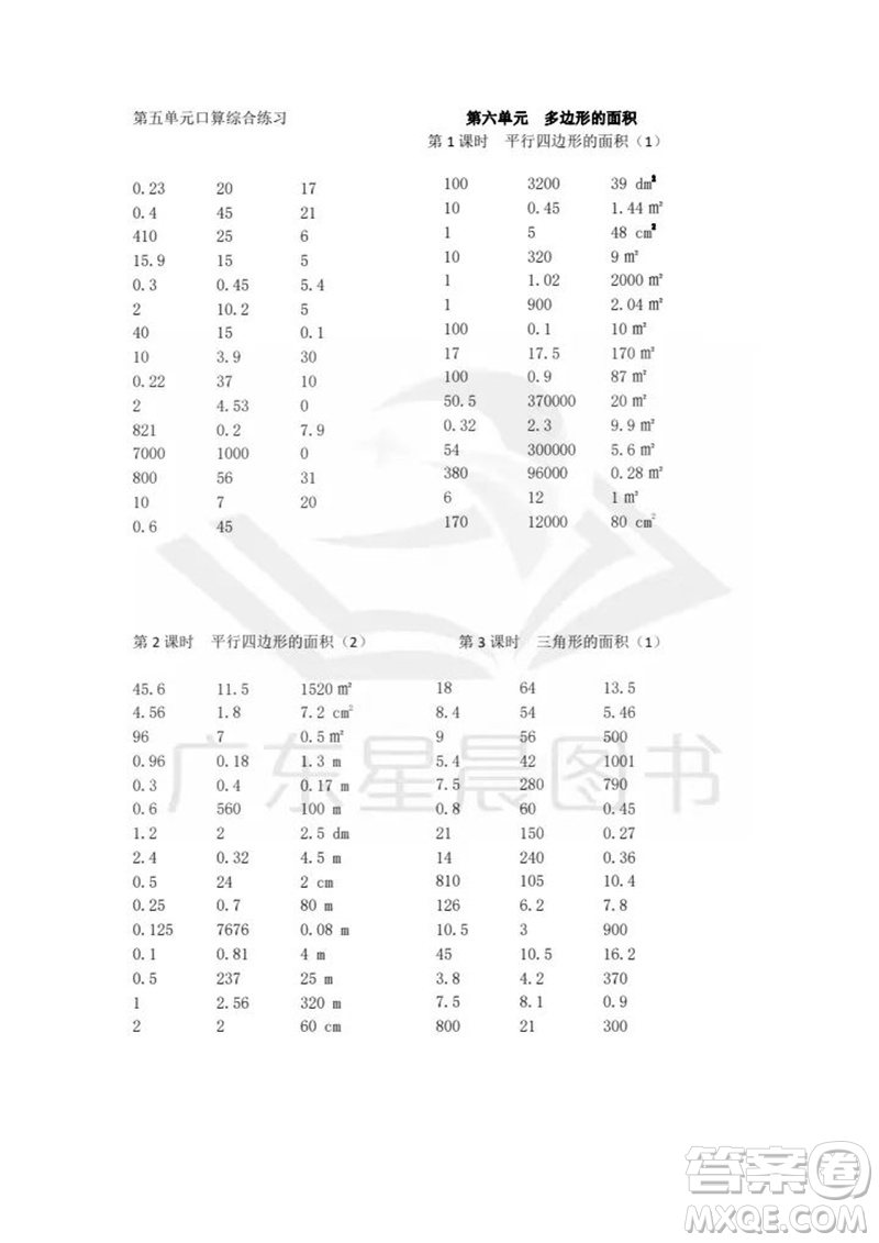 吉林出版集團股份有限公司2023年秋小學數(shù)學口算速算心算五年級上冊人教版參考答案