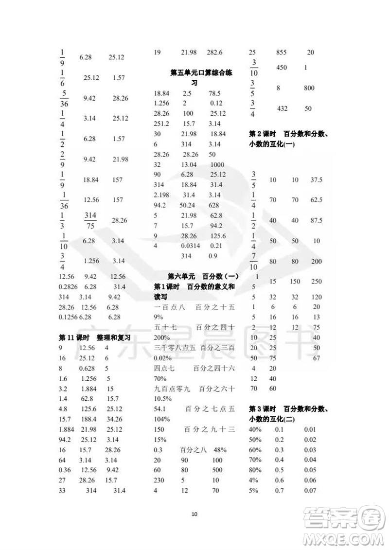 吉林出版集團(tuán)股份有限公司2023年秋小學(xué)數(shù)學(xué)口算速算心算六年級(jí)上冊(cè)人教版參考答案