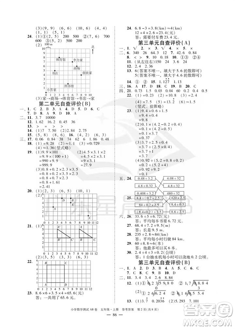 華南理工大學(xué)出版社2023年秋小學(xué)數(shù)學(xué)測(cè)試AB卷五年級(jí)上冊(cè)人教版廣州專版參考答案