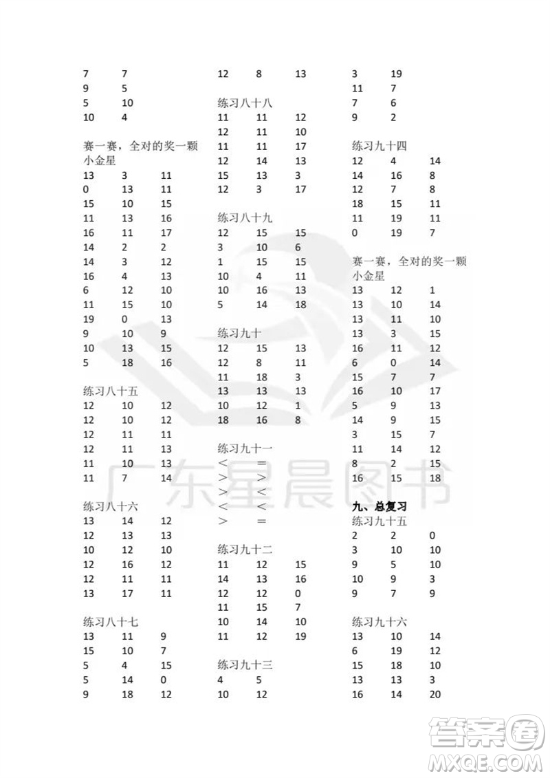 廣東人民出版社2023年秋核心素養(yǎng)數(shù)學(xué)口算每天一練一年級(jí)上冊(cè)人教版參考答案