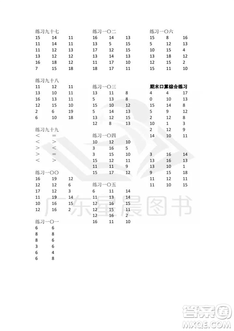 廣東人民出版社2023年秋核心素養(yǎng)數(shù)學(xué)口算每天一練一年級(jí)上冊(cè)人教版參考答案