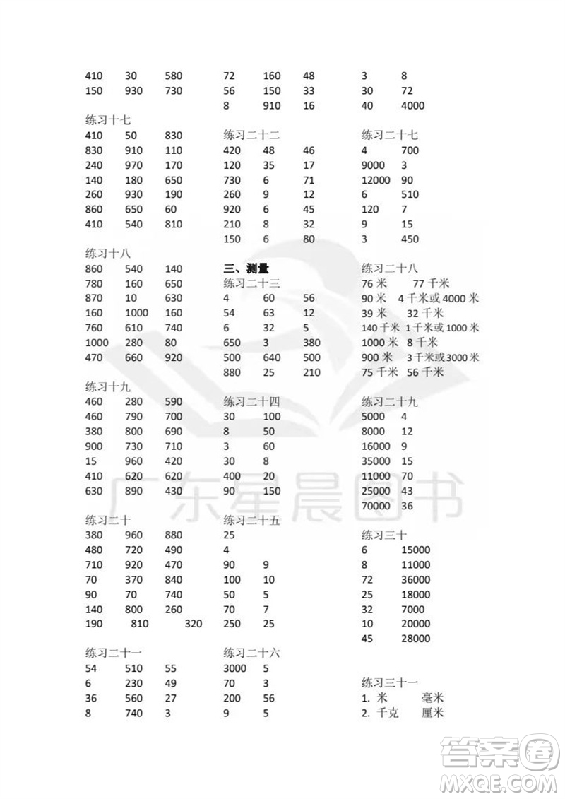 廣東人民出版社2023年秋核心素養(yǎng)數學口算每天一練三年級上冊人教版參考答案